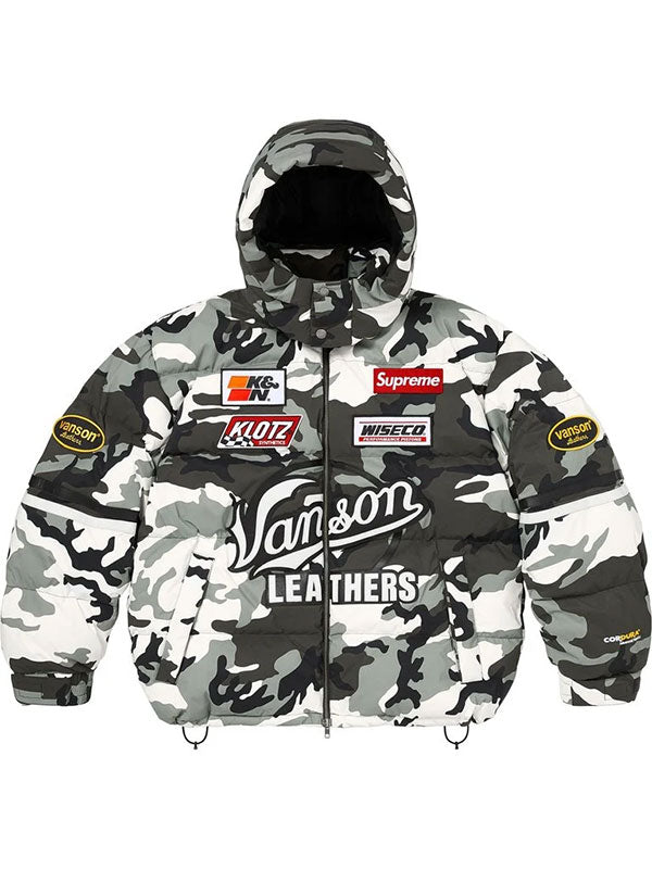 Supreme Vanson grey camouflage parachute puffer jacket front view with removable hood