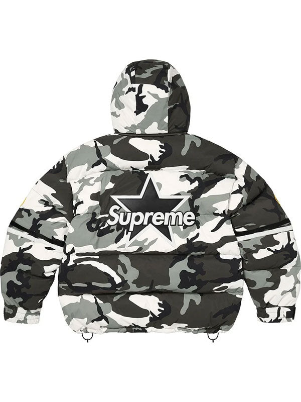 Supreme Vanson grey camouflage puffer jacket back view with large star graphic