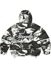 Supreme Vanson grey camouflage puffer jacket back view with large star graphic