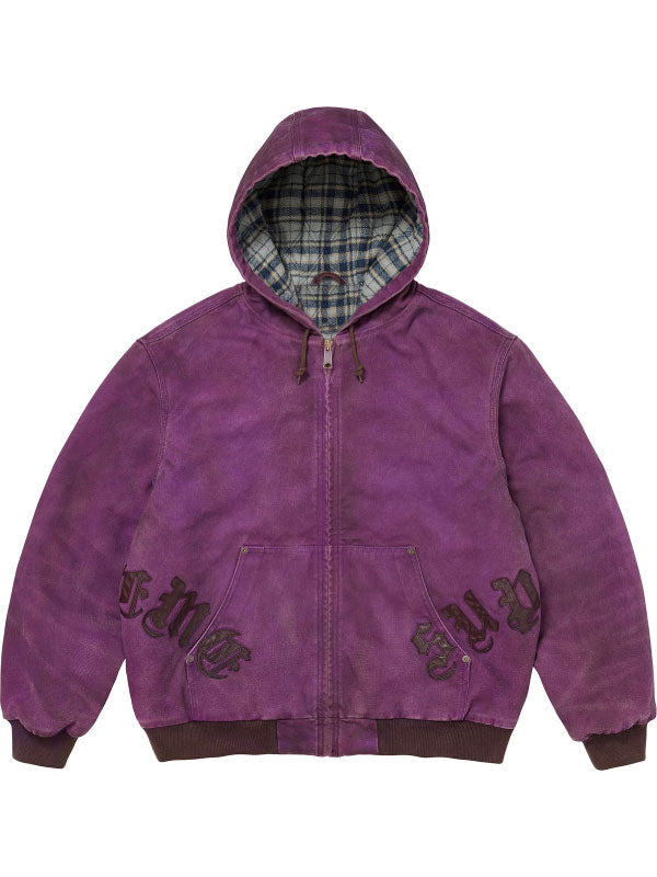 Purple washed cotton hooded jacket shown from the front with plaid-lined hood, leather appliqué details, zip closure and kangaroo-style front pocket.