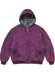 Purple washed cotton hooded jacket shown from the front with plaid-lined hood, leather appliqué details, zip closure and kangaroo-style front pocket.
