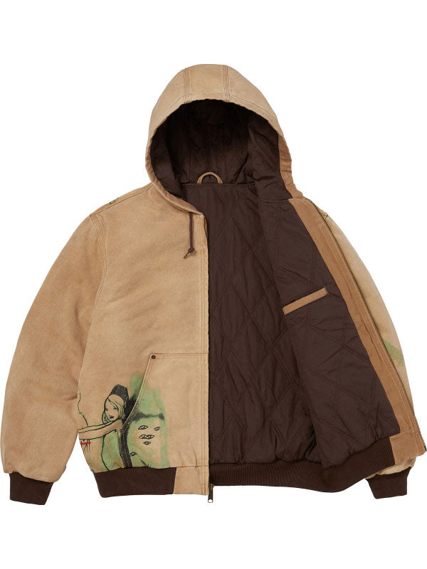 Supreme washed tan cotton hooded jacket front view with zip closure and graphic details