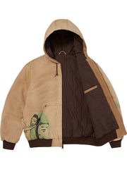 Supreme washed tan cotton hooded jacket front view with zip closure and graphic details