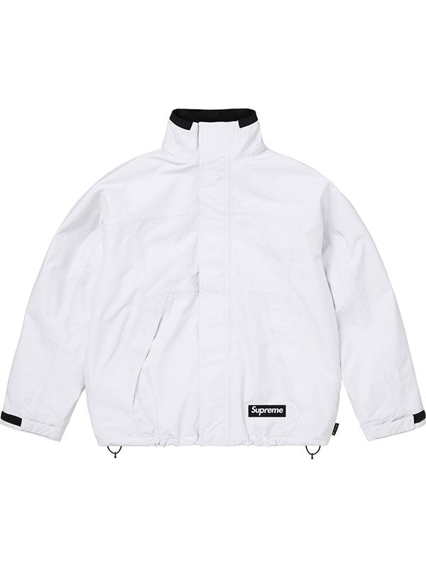 White Supreme x GORE-TEX down jacket front view with high collar and utility pockets