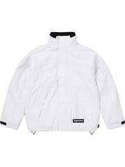 White Supreme x GORE-TEX down jacket front view with high collar and utility pockets