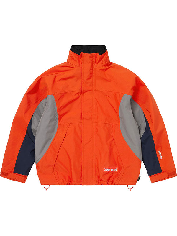 Orange Supreme x GORE-TEX down jacket front view with adjustable hood and contrast panels