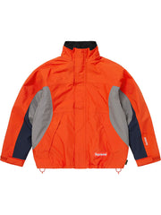 Orange Supreme x GORE-TEX down jacket front view with adjustable hood and contrast panels