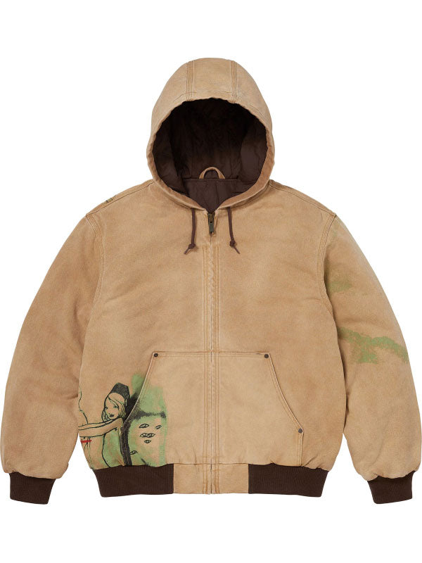 Supreme washed tan cotton hooded jacket with quilted polyester lining and graphic artwork