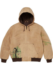 Supreme washed tan cotton hooded jacket with quilted polyester lining and graphic artwork