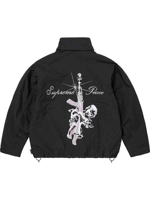 Black Supreme x GORE-TEX down jacket back view with large graphic artwork