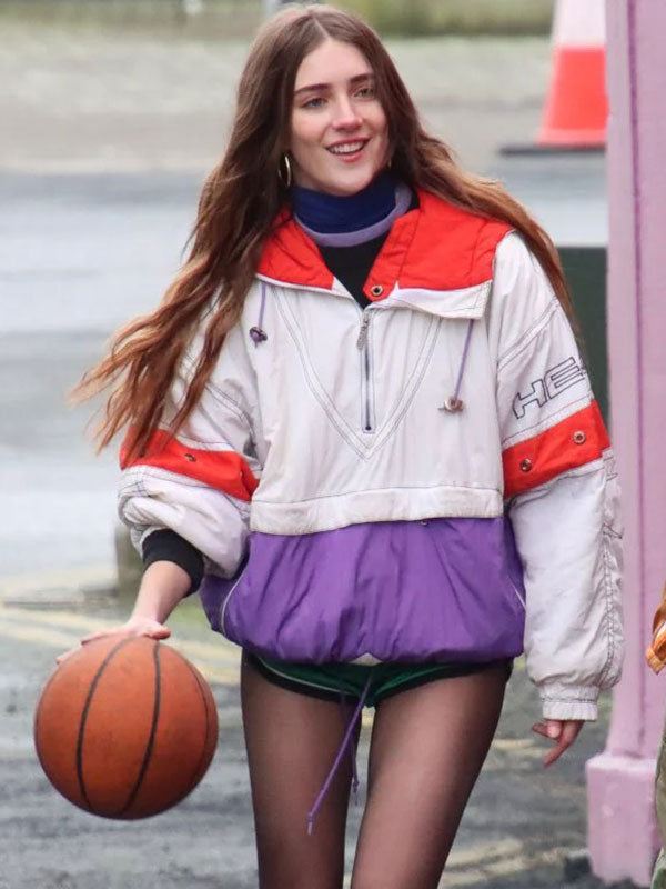 Paige 4 Kids Walk Into a Bank white colorblock jacket front view holding basketball