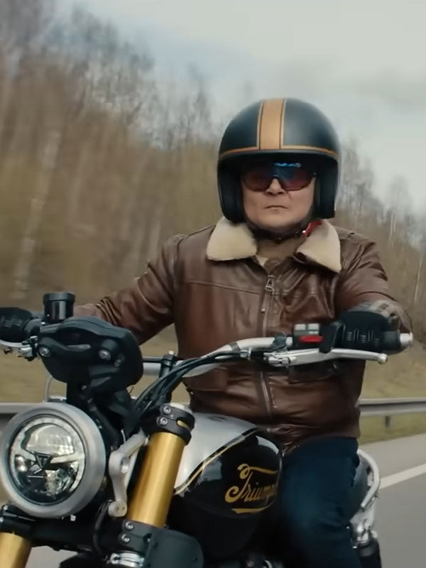Arturo Castro Ted shearling collar leather jacket close up motorcycle
