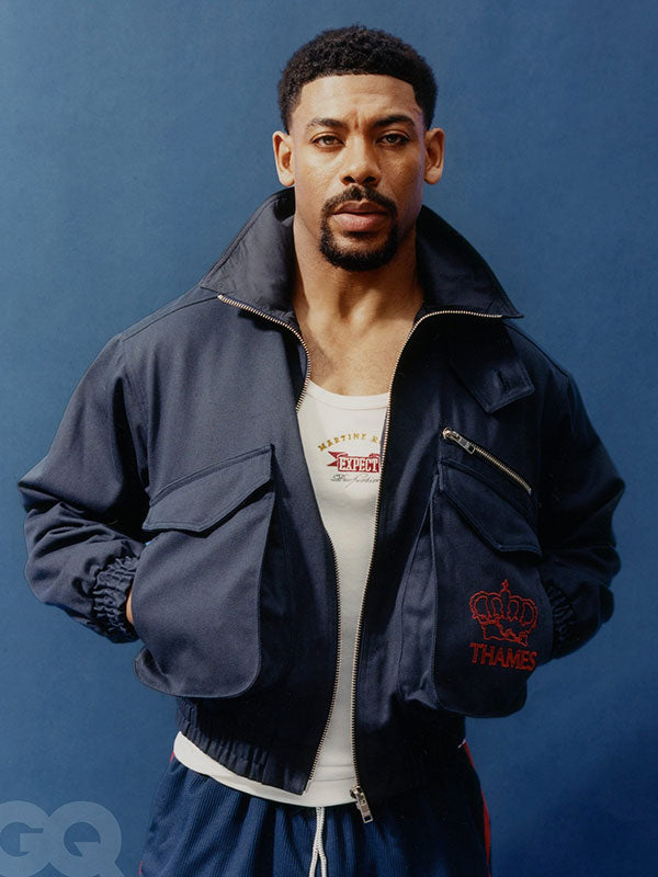 Aaron Pierre inspired navy cotton bomber jacket front view studio
