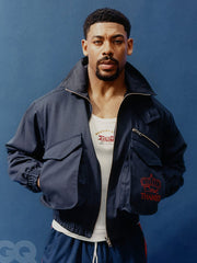 Aaron Pierre inspired navy cotton bomber jacket front view studio