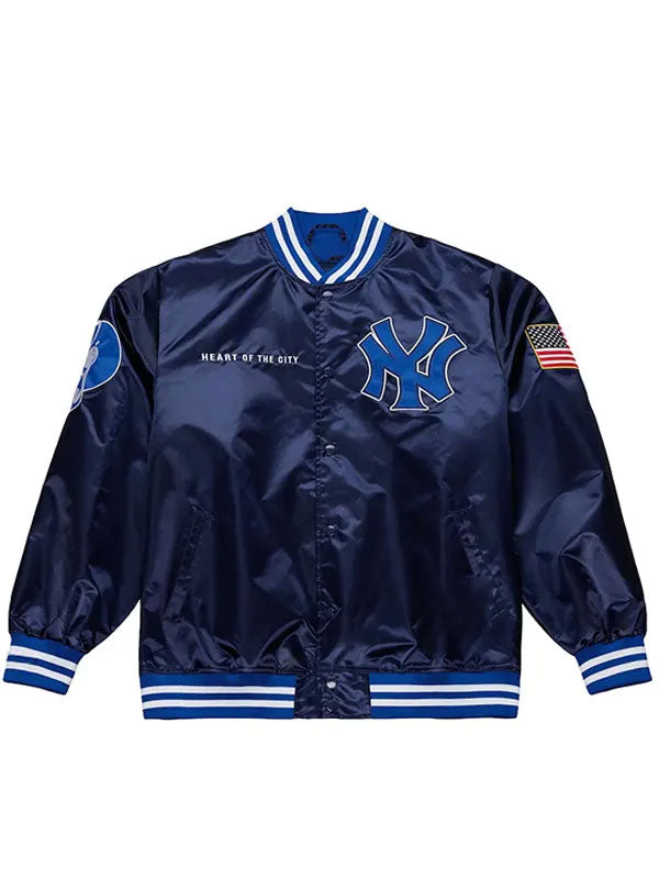 Jay-Z Roc-Nation Yankees satin bomber jacket front view NY logo