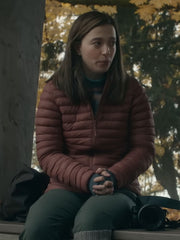 Mikey Madison Frances Haugen maroon puffer jacket front view autumn scene