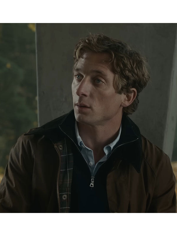 Jeremy Allen White Jeff Horowitz waxed coat close up front view