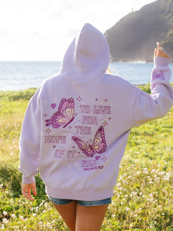 Lavender butterfly graphic hoodie back view with embroidered sleeve butterfly