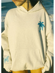 Oat heather hoodie front view blue embroidered palm tree and butterfly sleeve