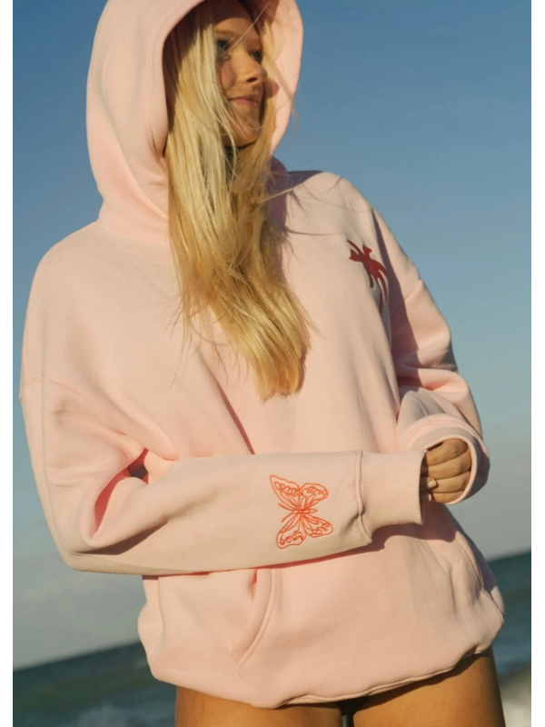 Pink butterfly hoodie front view hood up with embroidered sleeve detail