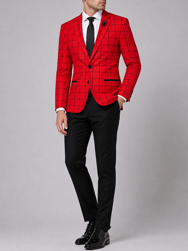 tobey maguire Spider-Man inspired red windowpane blazer black pant side view studio