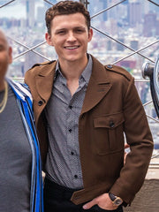 Tom Holland brown wool jacket smiling close up Empire State Building 2019