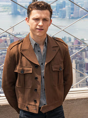 Tom Holland brown wool jacket front view Empire State Building city skyline