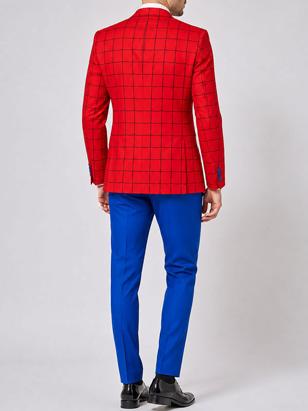 Inspired Tom Holland Spider-Man red windowpane blazer blue pant back view studio