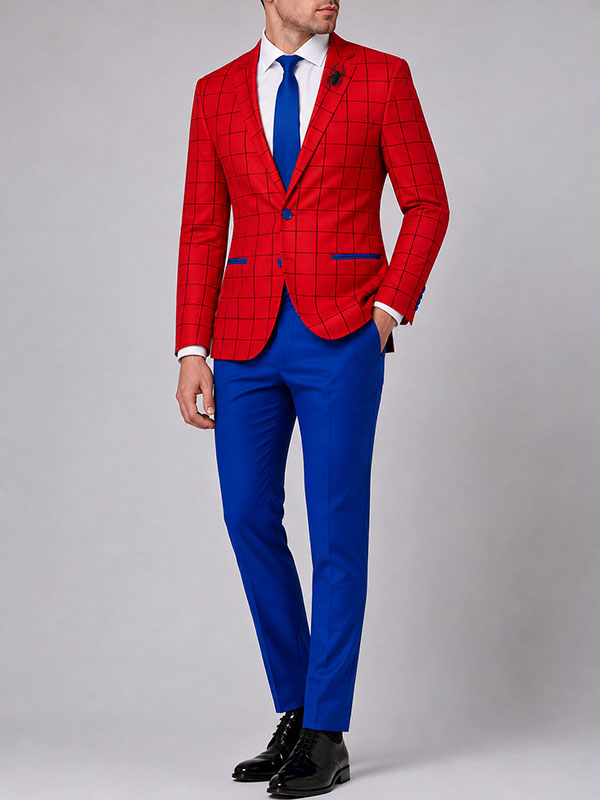 Tom Holland Spider-Man inspired red windowpane blazer blue pant side view studio