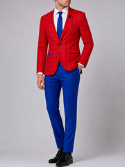 Tom Holland Spider-Man inspired red windowpane blazer blue pant side view studio