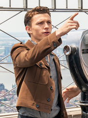 Tom Holland brown wool jacket side view Empire State Building observation deck