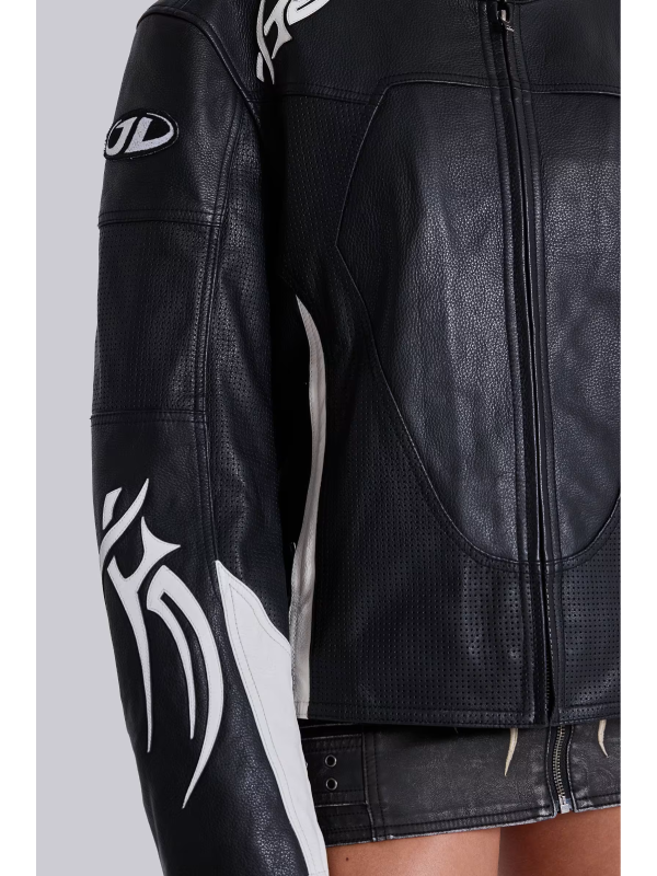 Adults tribal leather jacket sleeve pocket detail