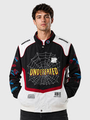 Undefeated Spider-Man varsity jacket close up chest web print detail