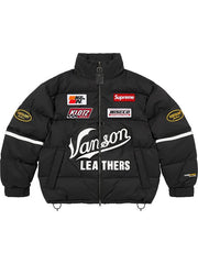 Black Supreme Vanson puffer jacket front view showing stand collar