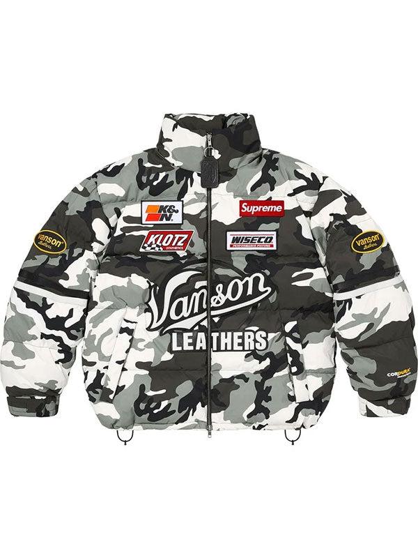 Supreme Vanson grey camouflage puffer jacket front view showing stand collar
