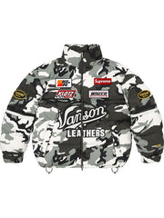 Supreme Vanson grey camouflage puffer jacket front view showing stand collar