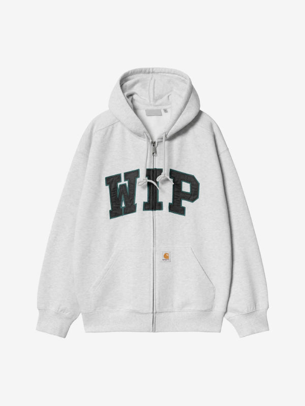 Front view, flat lay, black zip hoodie with gold-outlined WIP patch