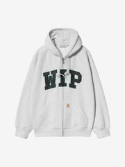 Front view, flat lay, black zip hoodie with gold-outlined WIP patch