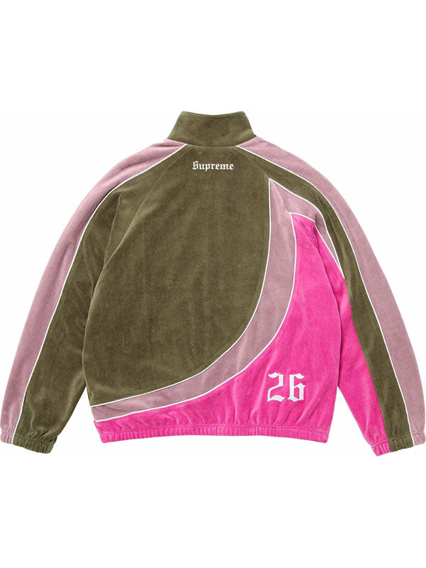 Supreme X Umbro velour track jacket in olive and pink back view