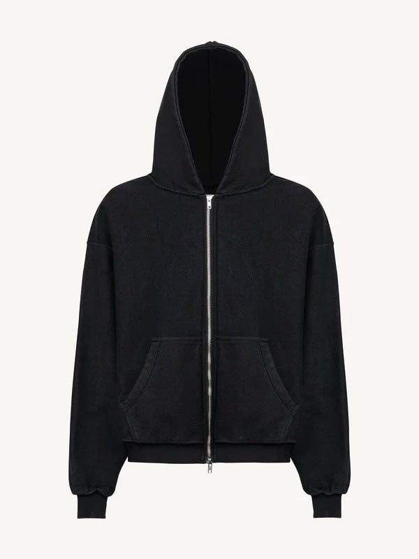 WATC Studio inspired vintage black ultra heavy zip hoodie front view flat lay