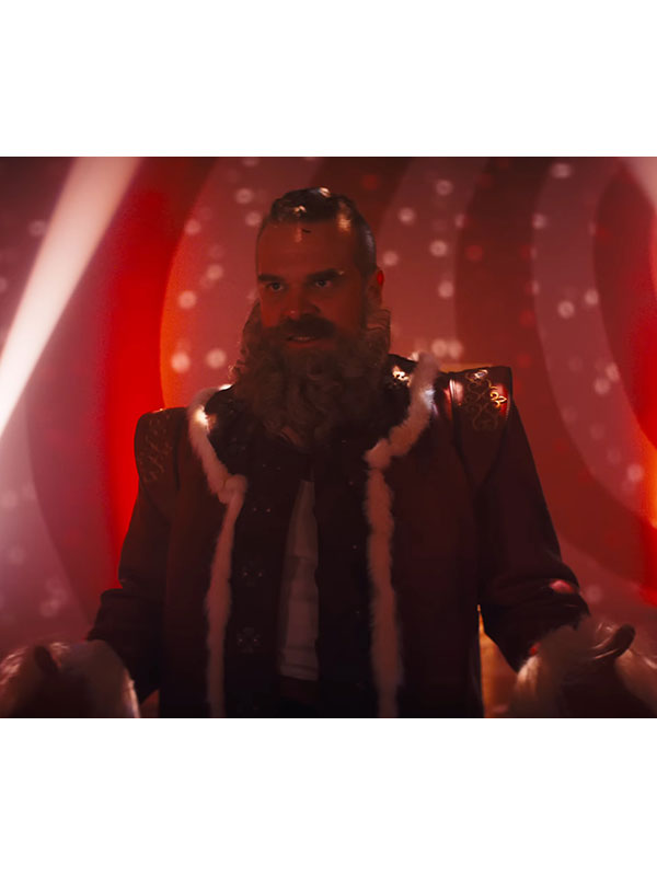 Violent Night 2 Santa Claus fur trim coat close up profile view