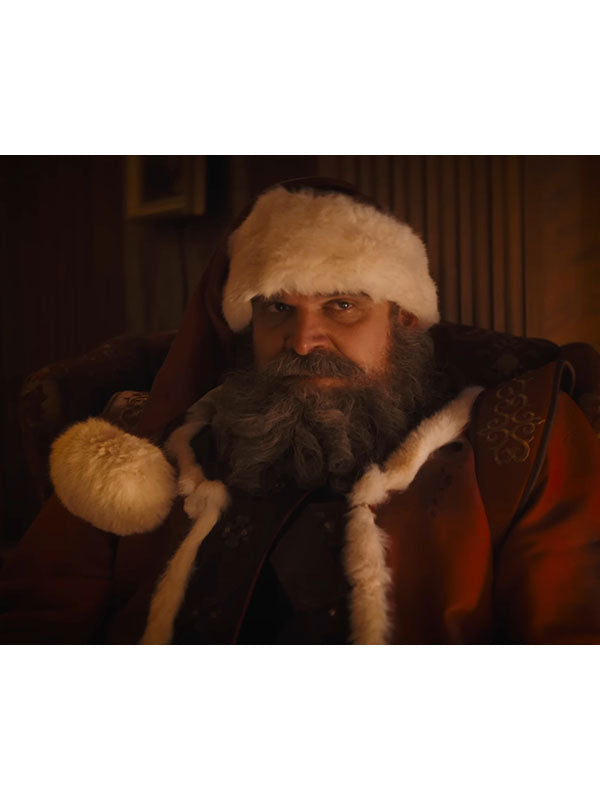 Santa Claus Violent Night 2 coat close up seated portrait fur hat