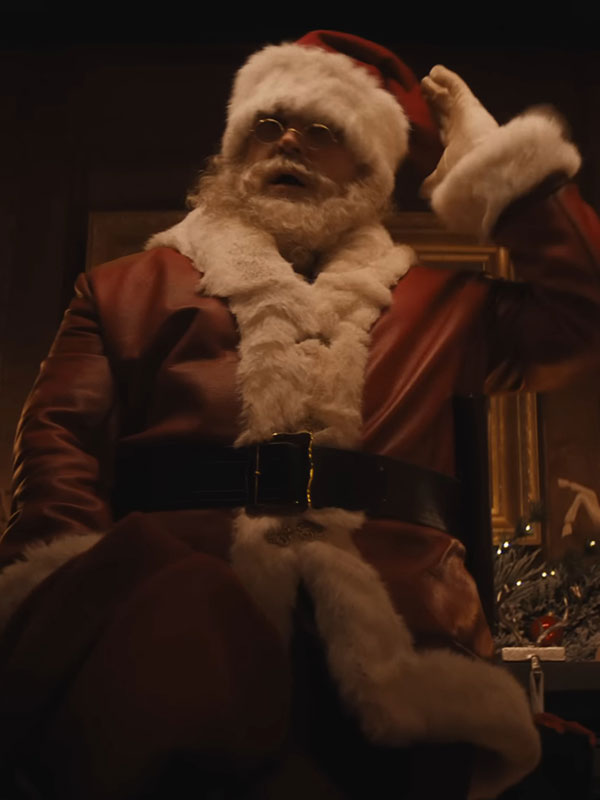 David Harbour Violent Night 2 Santa Claus red leather coat jacket front view