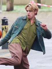 Spike Fearn Wally green suede jacket close up front view outdoor