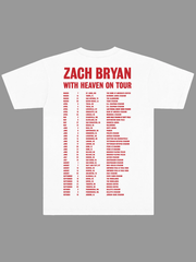 White With Heaven On Tour graphic T-shirt featuring red tour dates and venue listings on the back.