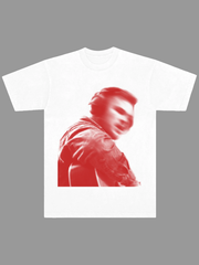 White With Heaven On Tour graphic T-shirt featuring a bold red concert-style portrait graphic on the front.