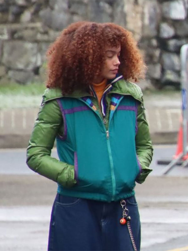 Joni J 4 Kids Walk Into a Bank green colorblock jacket side view street
