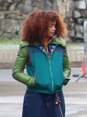 Joni J 4 Kids Walk Into a Bank green colorblock jacket side view street