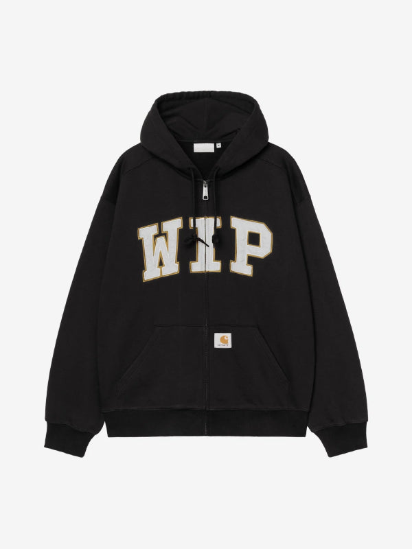 Front view, flat lay, Black hoodie with teal-outlined WIP patch and zip closure