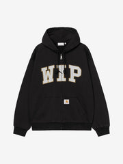 Front view, flat lay, Black hoodie with teal-outlined WIP patch and zip closure